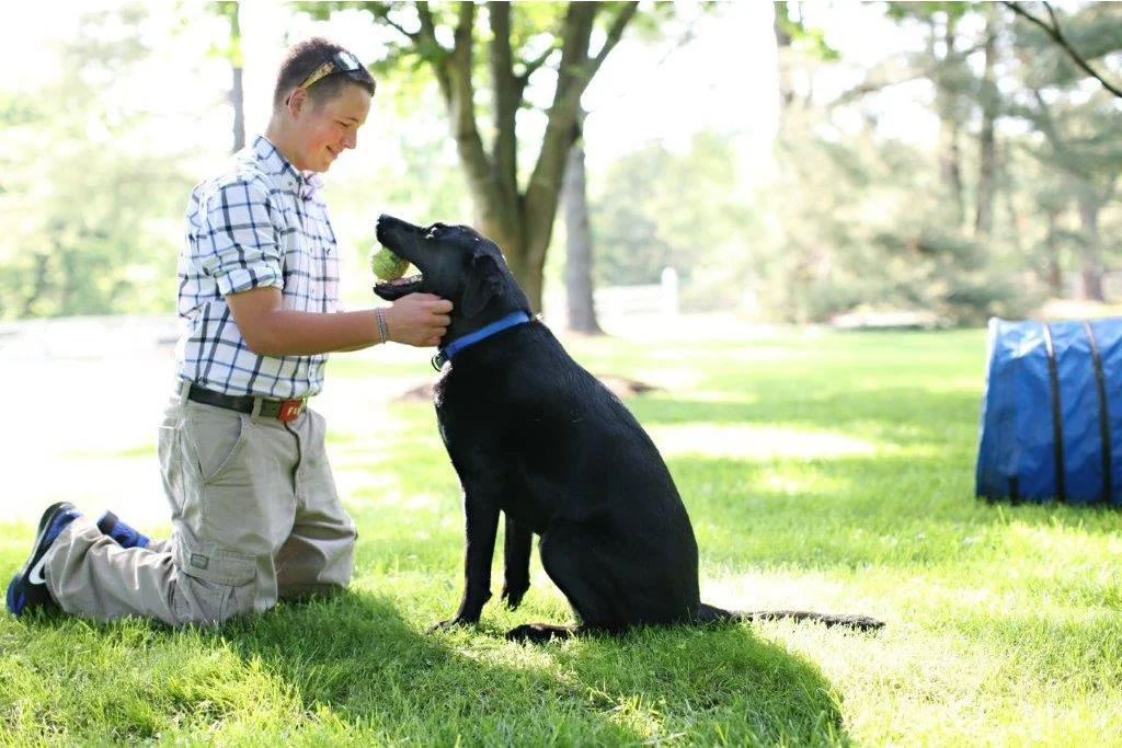 student playing catch with dog