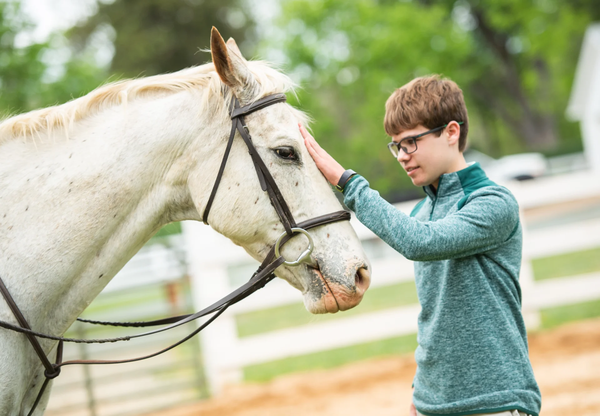 student in the woods with 2 horses