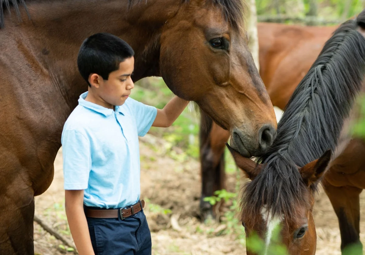 student in the woods with 2 horses